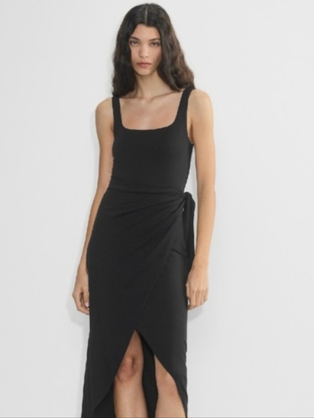 Sleek Black Draped Midi Dress